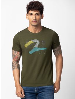 Spykar - Green Round Neck Half Sleeves Blended T-Shirt For Men