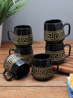 The Decor Mart - Gold Fret Black Mugs- Set Of 6