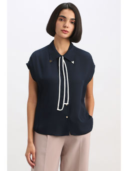 Allen Solly - Women Navy Blue Solid Cap Sleeves Shirt