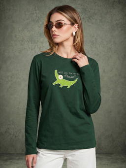 JUNEBERRY - Women's Crocodile Printed Green Full Sleeve T-Shirt