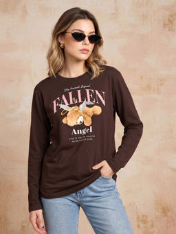 JUNEBERRY - Women's Fallen Brown Printed Full Sleeve T-Shirt