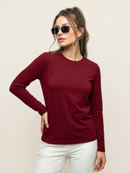 JUNEBERRY - Women's Maroon Plain Full Sleeve T-Shirt