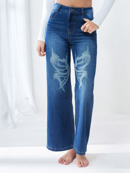 Miss Chase - Women's Dark Blue Wide-Leg Hand-Painted Flared Jeans