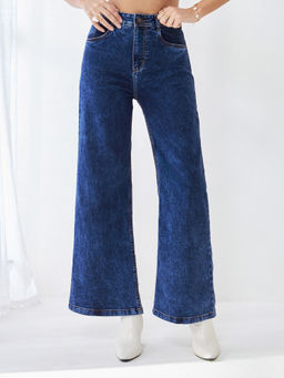 Miss Chase - Women's Mid Blue Wide-Leg High-Rise Stretchable Denim Jeans