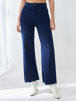 Miss Chase - Women's Navy Blue Wide-Leg High-Rise Denim Jeans