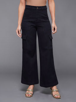 Miss Chase - Women's Black Wide-Leg High-Rise Denim Cargo Jeans