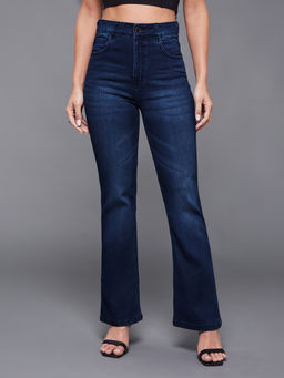 Miss Chase - Women's Navy Blue Wide-Leg Mid-Rise Stretchable Denim Jeans