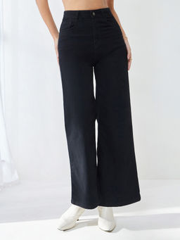 Miss Chase - Women's Black Wide-Leg High-Rise Stretchable Denim Jeans