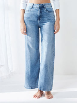 Miss Chase - Women's Light Blue Wide-Leg High-Rise Stretchable Denim Jeans