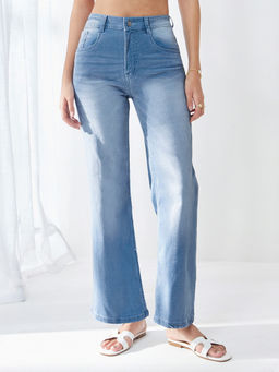 Miss Chase - Women's Light Blue Wide-Leg Mid-Rise Denim Jeans