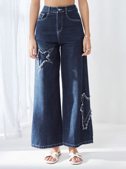 Miss Chase - Women's Navy Blue Distressed Wide-Leg Denim Jeans