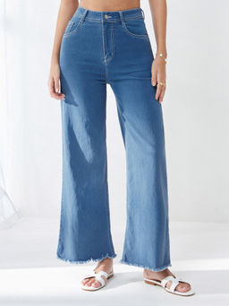 Miss Chase - Women's Blue Wide-Leg High-Rise Stretchable Denim Jeans
