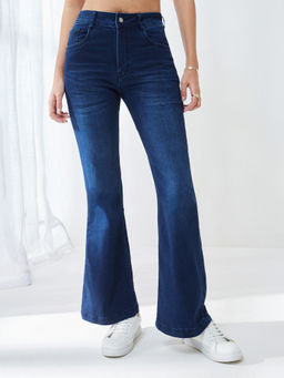 Miss Chase - Women's Navy Blue Bootcut High-Rise Stretchable Denim Jeans