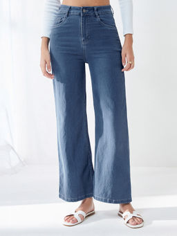 Miss Chase - Women's Blue Wide-Leg High-Rise Stretchable Denim Jeans