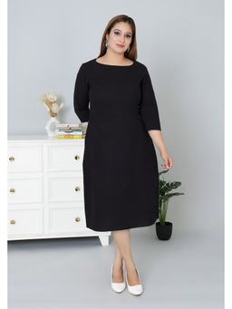MLADA - Women Black Solid Cotton 3/4 Sleeves A-Line Dress