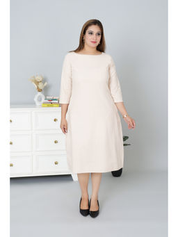 MLADA - Women Beige Solid Cotton 3/4 Sleeves A-Line Dress