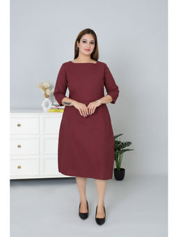 MLADA - Women Maroon Solid Cotton 3/4 Sleeves A-Line Dress