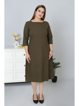 MLADA - Women Olive Solid Cotton 3/4 Sleeves A-Line Dress