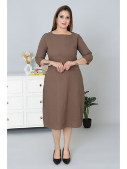 MLADA - Women Brown Solid Cotton 3/4 Sleeves A-Line Dress
