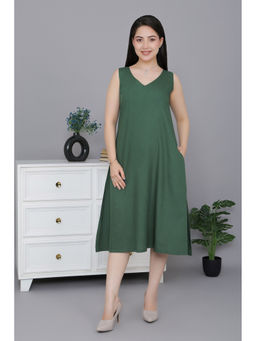 MLADA - Women Green Solid Rayon A-Line Fit V-Neck Dress