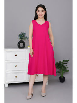 MLADA - Women Magenta Solid Rayon A-Line Fit V-Neck Dress