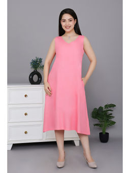 MLADA - Women Pink Solid Rayon A-Line Fit V-Neck Dress