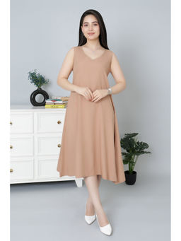 MLADA - Women Brown Solid Rayon A-Line Fit V-Neck Dress