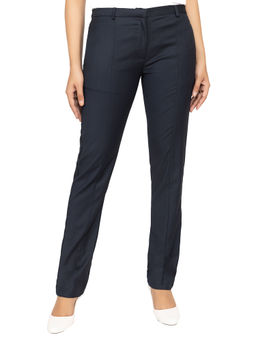 MLADA - Women's Navy Blue High Waist Regular Fit Straight Formal Trouser