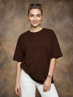 JUNEBERRY - Women's Coffee Brown Plain Oversized T-Shirt