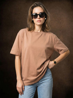 JUNEBERRY - Women's Brown Plain Oversized T-Shirt