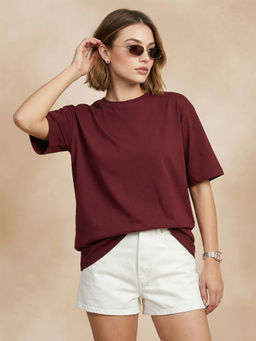 JUNEBERRY - Women's Maroon Plain Oversized T-Shirt