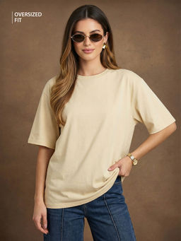 JUNEBERRY - Women's Beige Plain Oversized T-Shirt