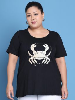 theRebelinme - Plus Size Women Black Cancer Zodiac Sign Printed Cotton T-Shirt