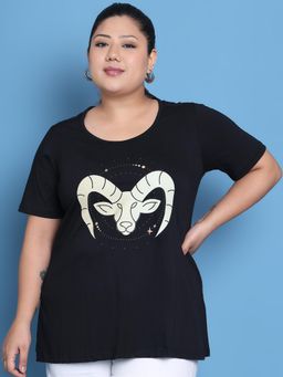 theRebelinme - Plus Size Women Black Capricorn Zodiac Sign Printed Cotton T-Shirt