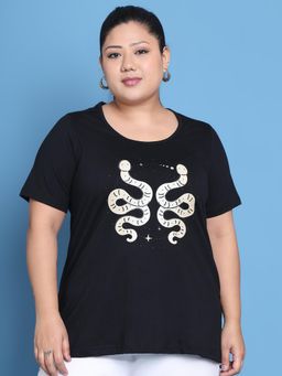 theRebelinme - Plus Size Women Black Gemini Zodiac Sign Printed Cotton T-Shirt