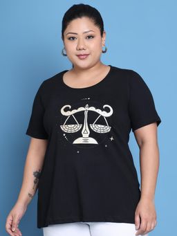 theRebelinme - Plus Size Women Black Libra Zodiac Sign Printed Cotton T-Shirt