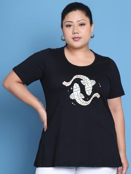theRebelinme - Plus Size Women Black Pisces Zodiac Sign Printed Cotton T-Shirt