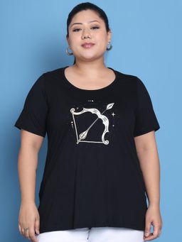 theRebelinme - Plus Size Women Black Sagittarius Zodiac Sign Printed Cotton T-Shirt