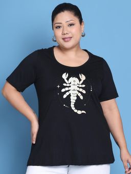 theRebelinme - Plus Size Women Black Scorpio Zodiac Sign Printed Cotton T-Shirt