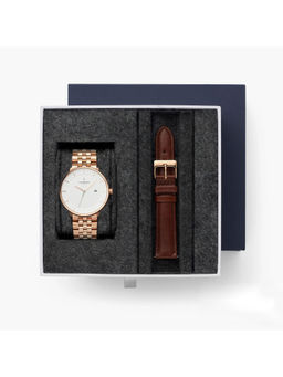 Nordgreen - Philosopher Bundle White Dial Rose Gold Case Rose Gold 5-Link Brown Leather