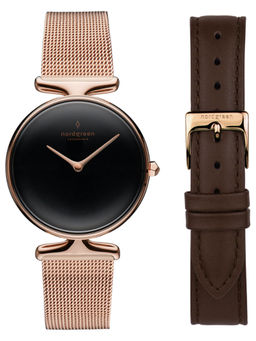 Nordgreen - Unika Bundle Black Dial Rose Gold Case Rose Gold Mesh Brown Leather