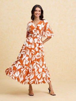 Twenty Dresses by Nykaa Fashion - Rust Printed Bell Sleeves Fit and Flare Midi Dress