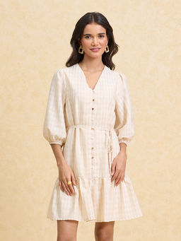 Twenty Dresses by Nykaa Fashion - Off White Textured V Neck Puff Sleeves Short Dress (Set of 2)
