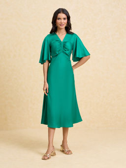 Twenty Dresses by Nykaa Fashion - Green Solid V Neck Bell Sleeves Satin Midi Dress
