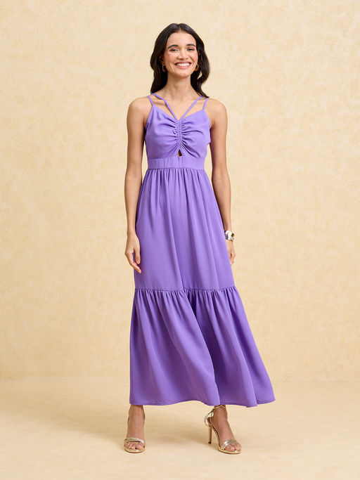 Twenty Dresses by Nykaa Fashion Purple Solid Sweetheart Neck Strappy Tiered Maxi Dress