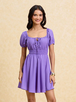 Twenty Dresses by Nykaa Fashion - Purple Solid Round Neck Fit and Flare Short Dress