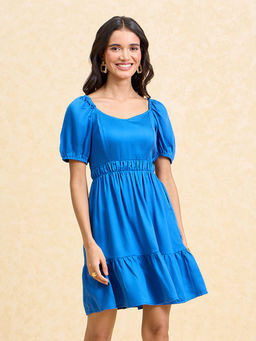 Twenty Dresses by Nykaa Fashion - Cobalt Blue Solid Puff Sleeve Fit and Flare Satin Short Dress