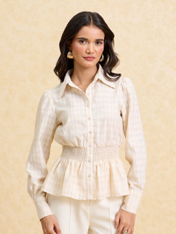 Twenty Dresses by Nykaa Fashion - Off White Textured Shirt Collar Peplum Top
