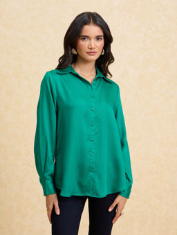 Twenty Dresses by Nykaa Fashion - Green Solid Full Sleeves Classic Satin Shirt