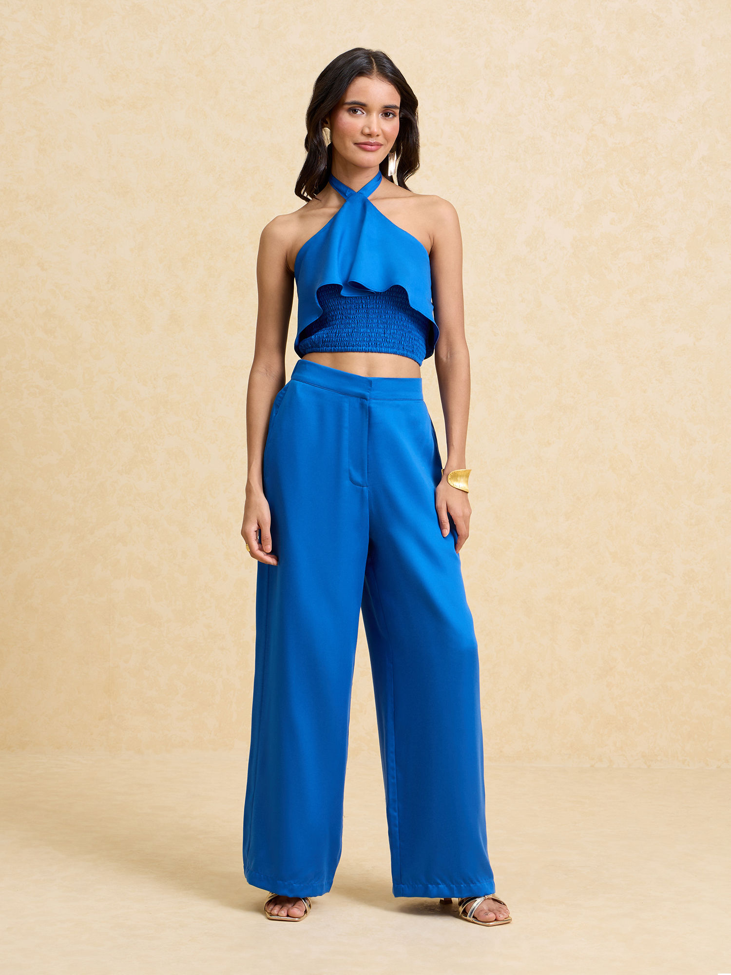 Cobalt Blue Solid Halter Neck Satin Co-Ord (Set of 2)-picture-19